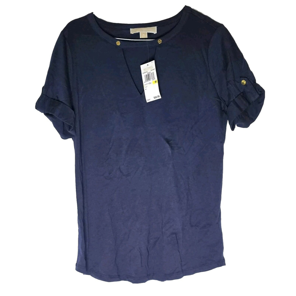 NWT Womens Michael Kors Navy Rivet Buttons Medium T Tee Shirt V-neck MSRP $78